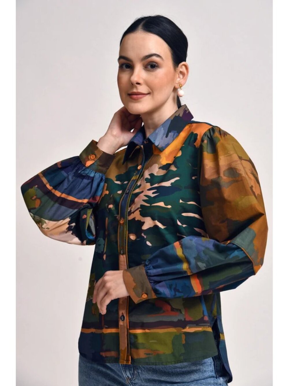 Celina Moon crafted scenes landscape forest print puff sleeve Sharona shirt